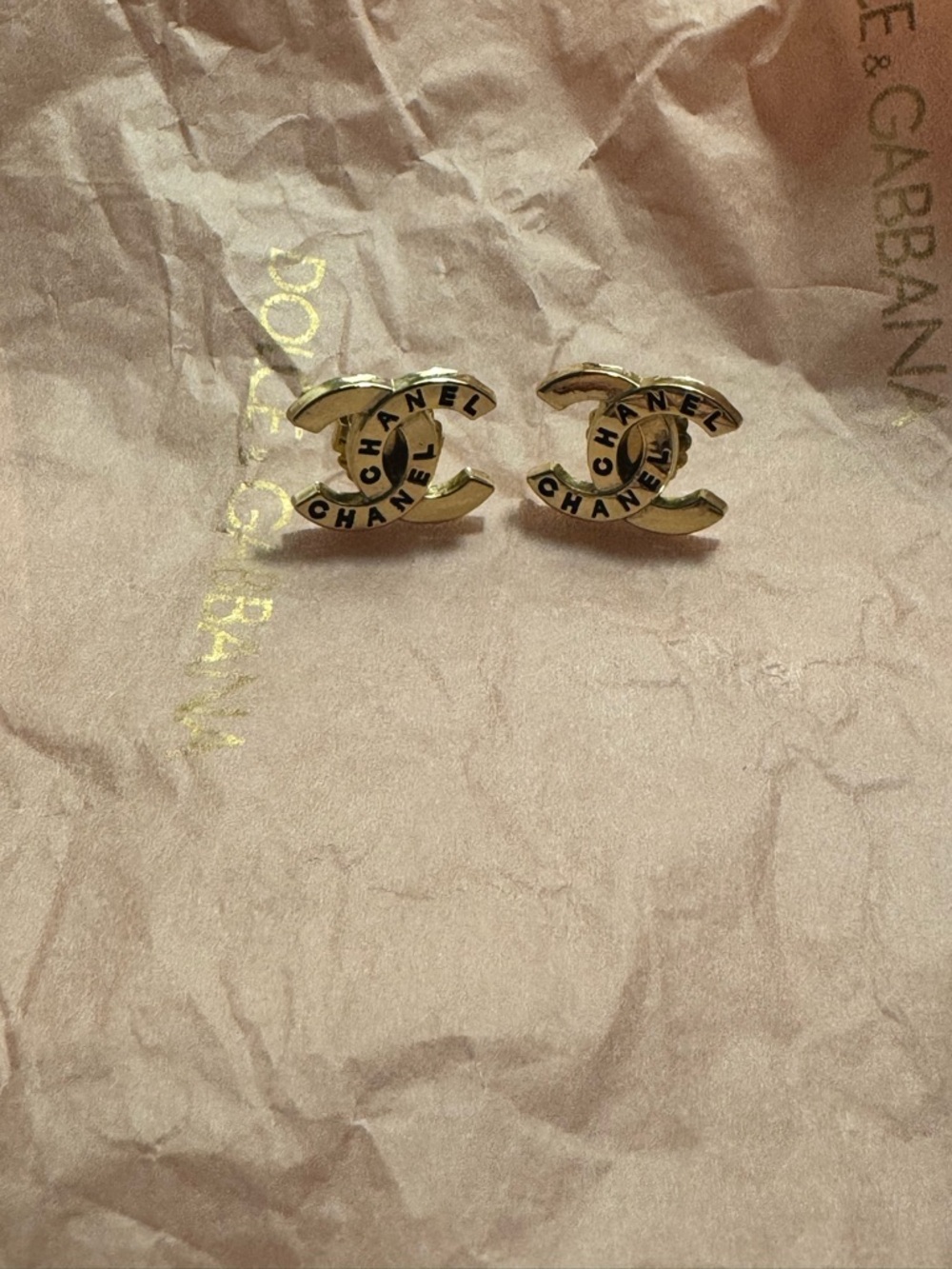 VINTAGE CHANEL Gold-tone CC Logo Hoop Stud Earrings with Black Accents